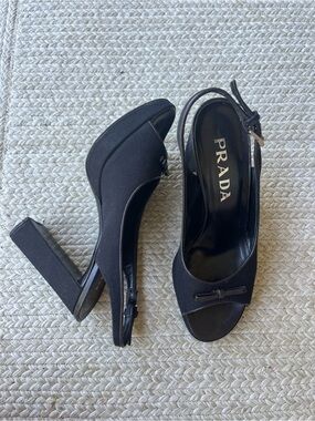 PRADA Black Peep-Toe Slingback Platform Heels